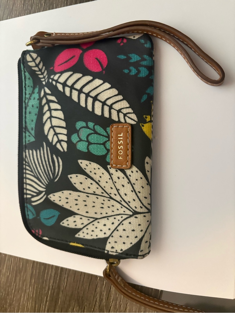 Fossil Black Floral Wristlet with Cream, Teal & Pink Accents